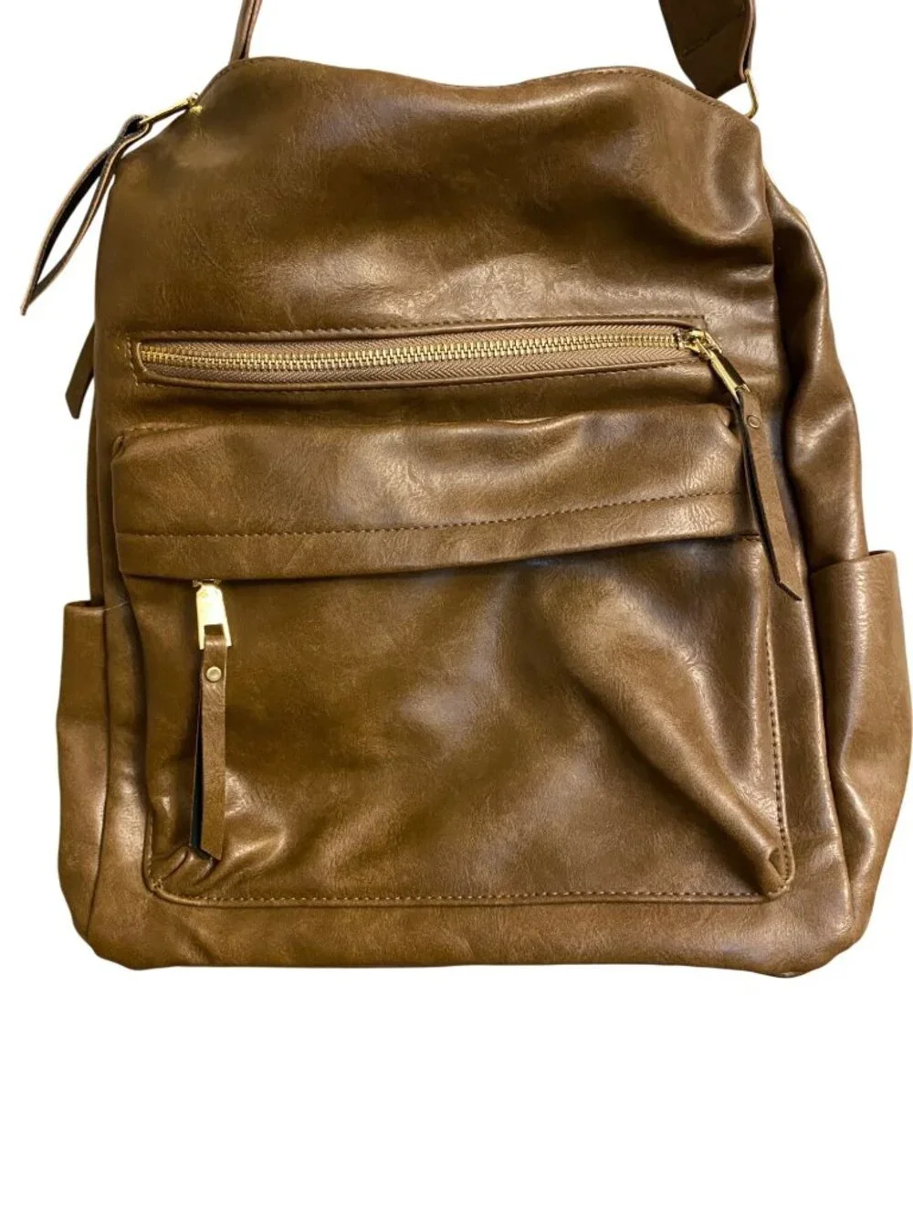 Brown Faux Leather Backpack Purse Colorful Adjustable Guitar Strap Gold Accents